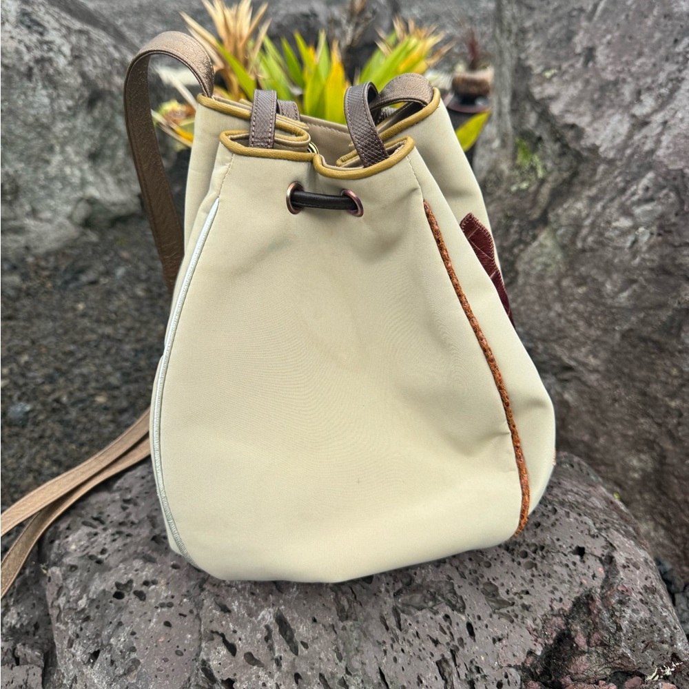 Sharif Vintage Made in USA Drawstring Bucket Bag Tropical Appliqué - Picture 7 of 16